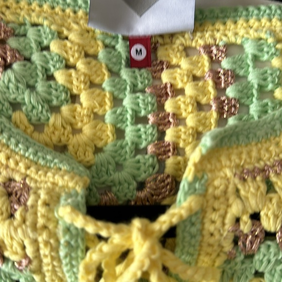 Happy Sheep Striped Boho Crochet Lace-Up Neck Medium Sweater Copper-Yellow-Mint - Picture 5 of 7